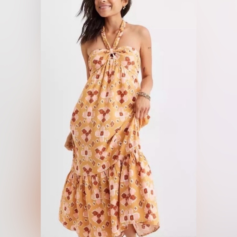 NWT aerie Mustard Yellow & Rust Floral Halter LINEN Maxi Dress sz LARGE
